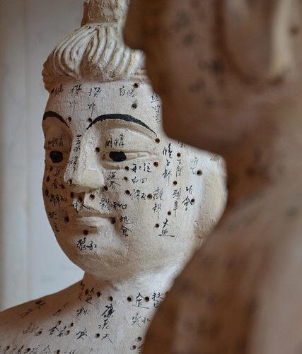 Repères des points d’acupuncture Modèle traditionnel présentant les points d’acupuncture sur le visage et le haut du corps